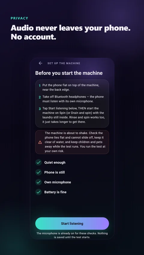 Microphone permission screen: audio never leaves your phone, no account
