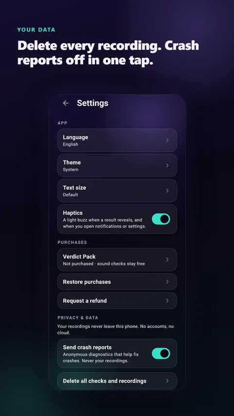 Settings: delete every recording, crash reports off in one tap