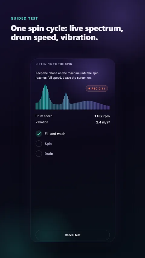 The guided test listening to a spin, with the live spectrum, drum speed and vibration